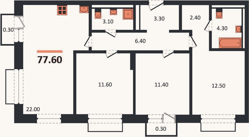 Планировка: 3-к, 77,6 м²