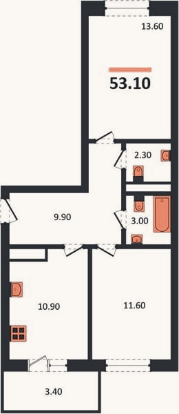 Планировка: 2-к, 53,1 м²