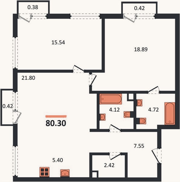 Планировка: 2-к, 80,3 м²