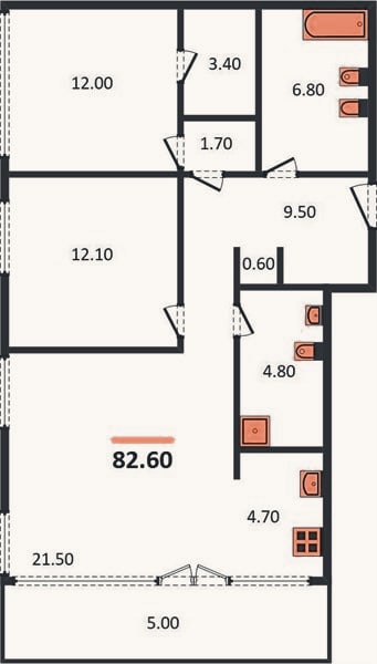 Планировка: 2-к, 82,6 м²