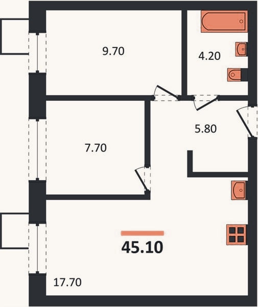 Планировка: 2-к, 45,1 м²