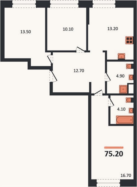 Планировка: 3-к, 75,2 м²