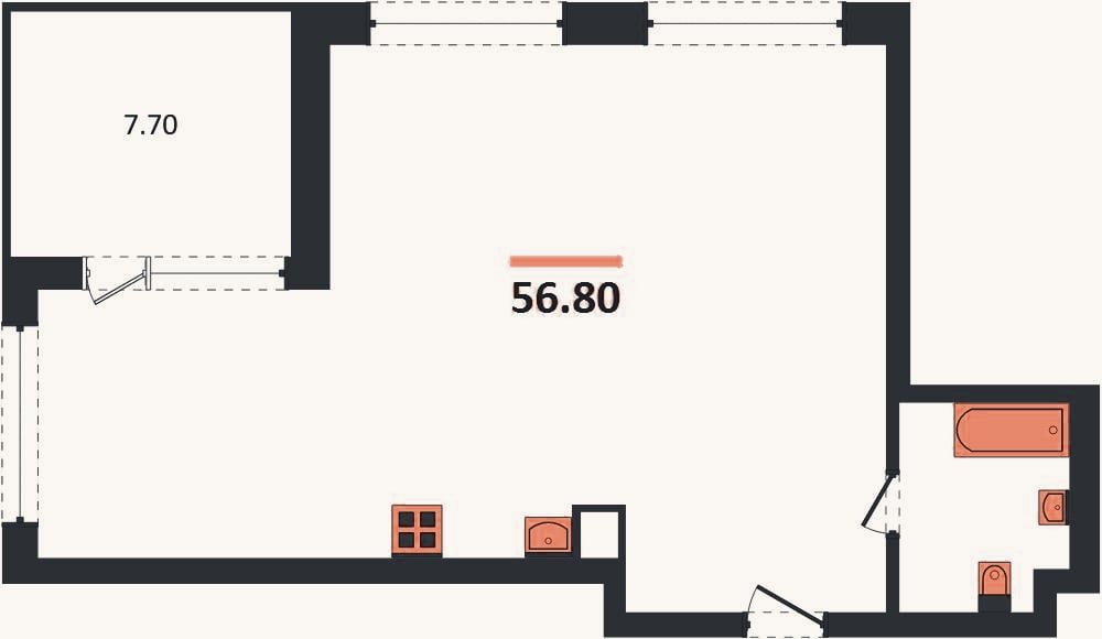 Планировка: 2-к, 56,8 м²