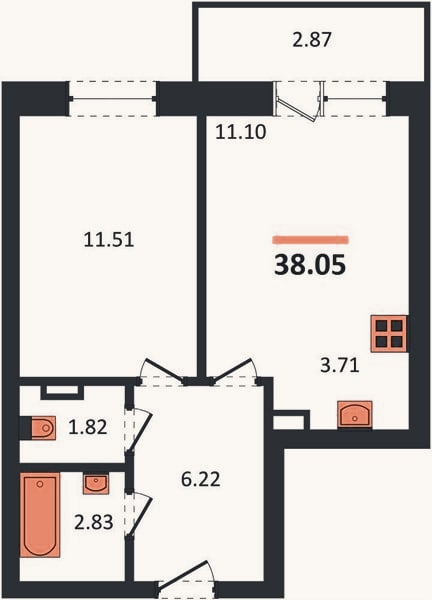 Планировка: 1-к, 37,2 м²