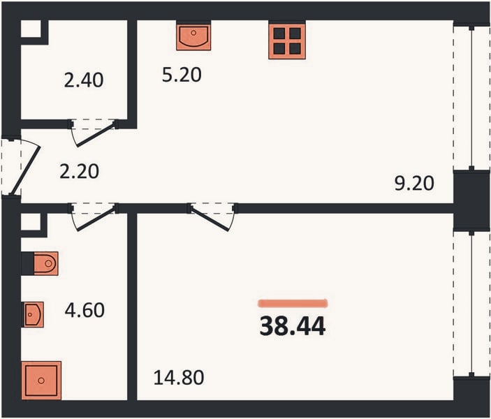 Планировка: 1-к, 38,4 м²