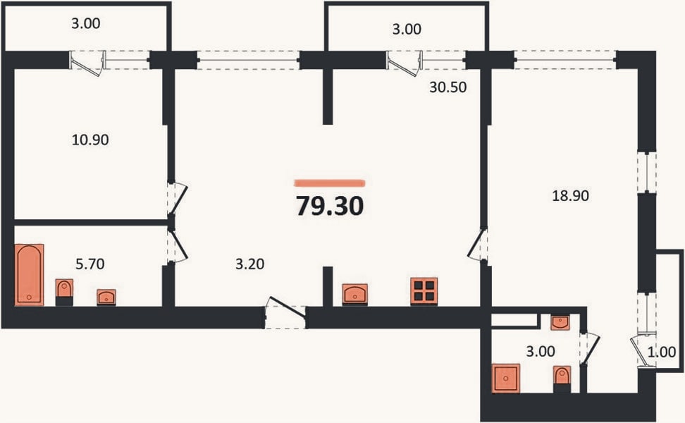Планировка: 2-к, 79,1 м²