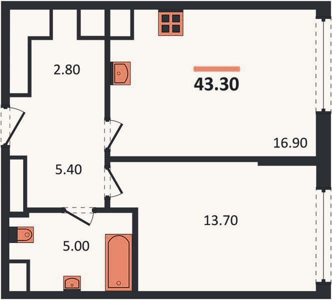 Планировка: 1-к, 44,1 м²