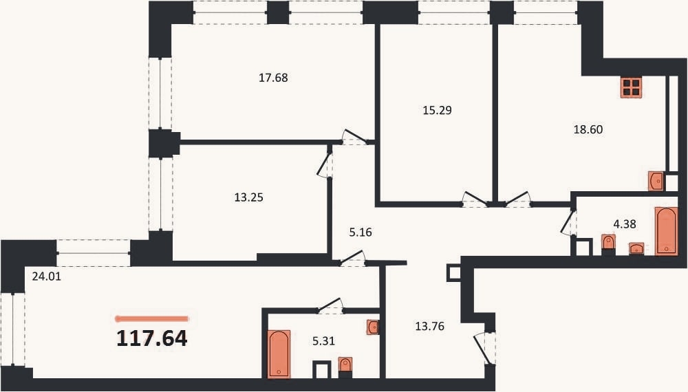 Планировка: 4+ к, 117,6 м²