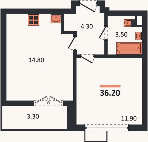 Планировка: 1-к, 36,2 м²
