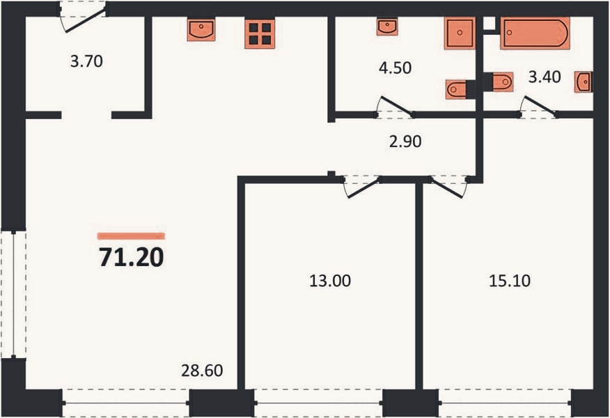 Планировка: 2-к, 71,8 м²