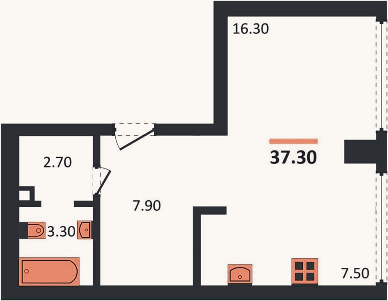 Планировка: Студия, 37,3 м²
