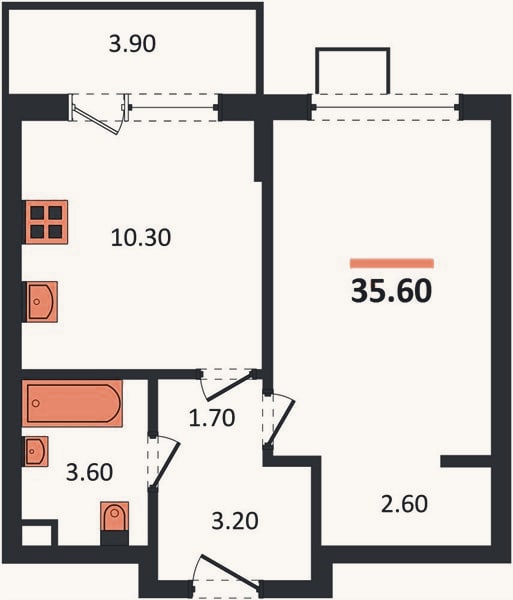 Планировка: 1-к, 35,6 м²