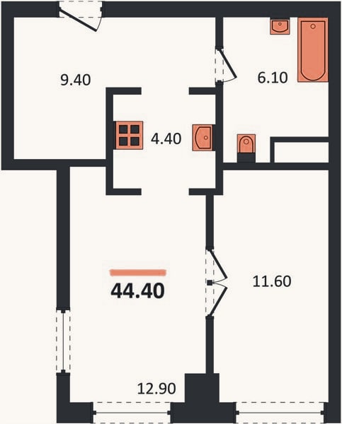 Планировка: 1-к, 44,4 м²