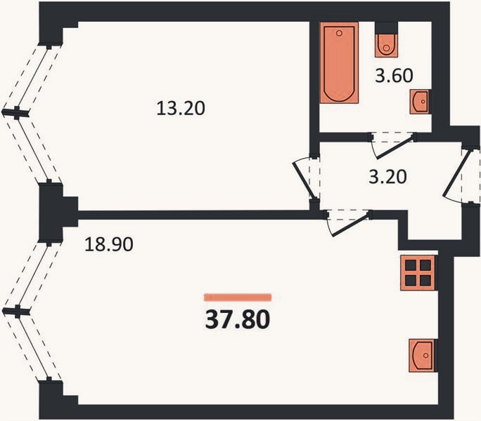 Планировка: 1-к, 37,8 м²