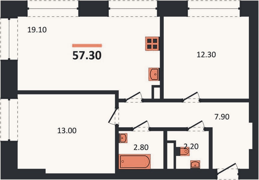 Планировка: 2-к, 57,3 м²