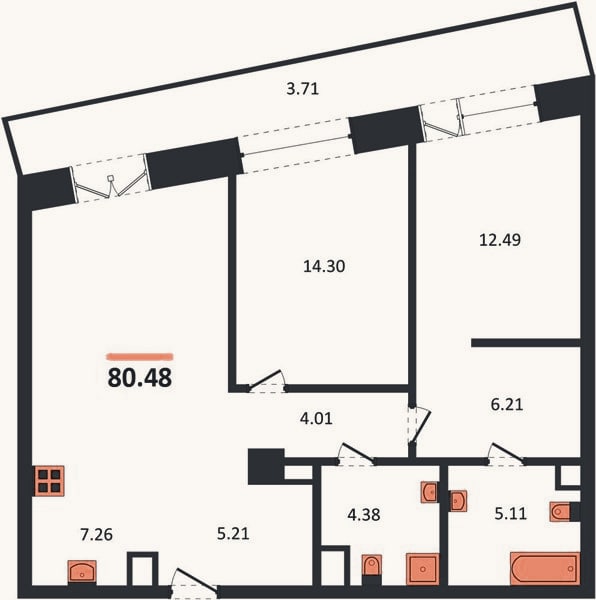 Планировка: 2-к, 80,5 м²