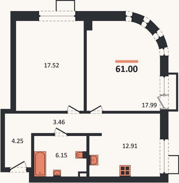 Планировка: 2-к, 61 м²