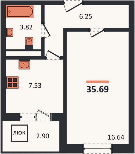 Планировка: 1-к, 35,7 м²