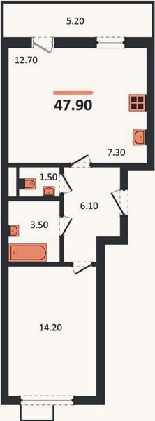 Планировка: 1-к, 47,9 м²