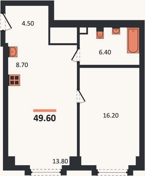 Планировка: 1-к, 49,6 м²