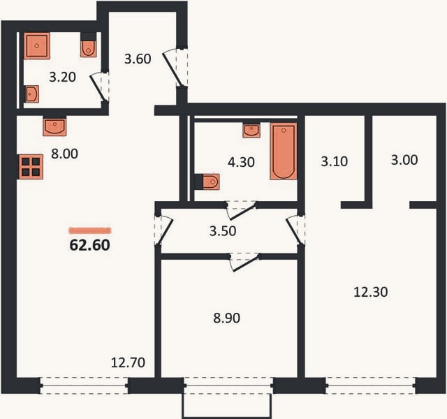 Планировка: 2-к, 62,6 м²