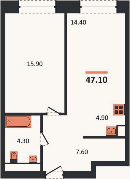 Планировка: 1-к, 47,1 м²
