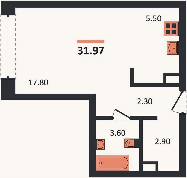 Планировка: Студия, 32 м²