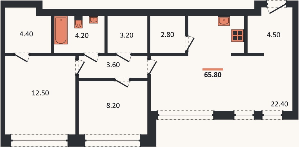 Планировка: 2-к, 65,8 м²