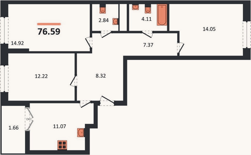 Планировка: 3-к, 76,6 м²