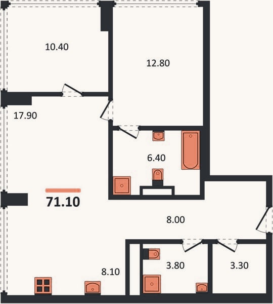 Планировка: 2-к, 71,1 м²