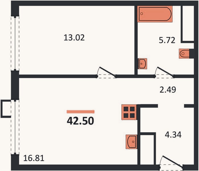 Планировка: 1-к, 42,5 м²