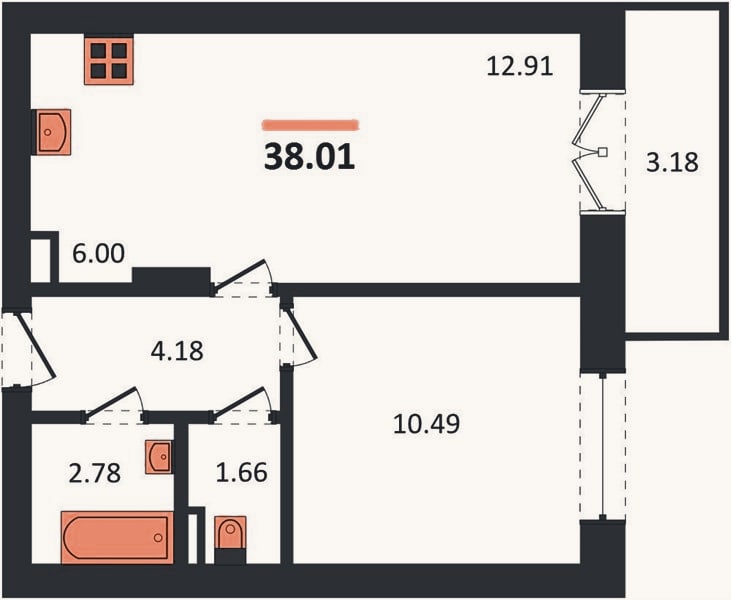 Планировка: 1-к, 38 м²
