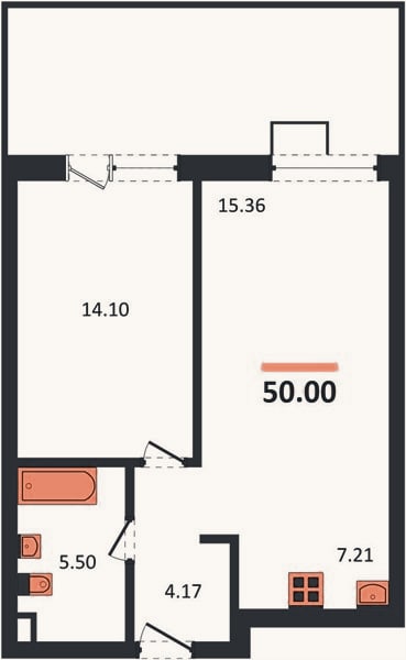 Планировка: 1-к, 50 м²