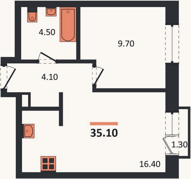 Планировка: 1-к, 35,1 м²