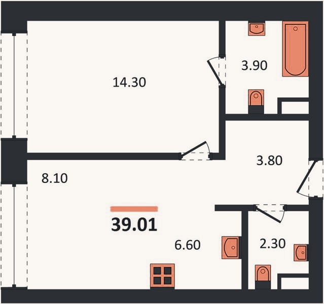 Планировка: 1-к, 39 м²