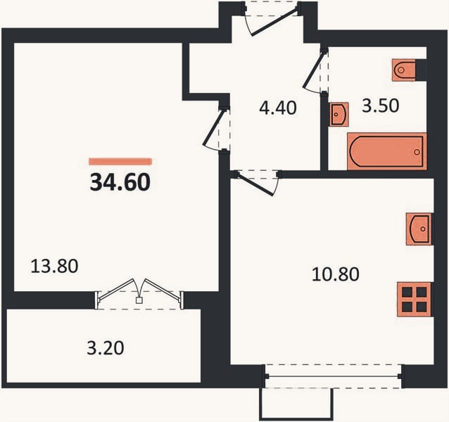 Планировка: 1-к, 34,6 м²