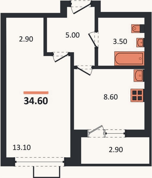 Планировка: 1-к, 34,6 м²