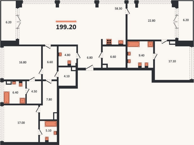 Планировка: 3-к, 199,1 м²