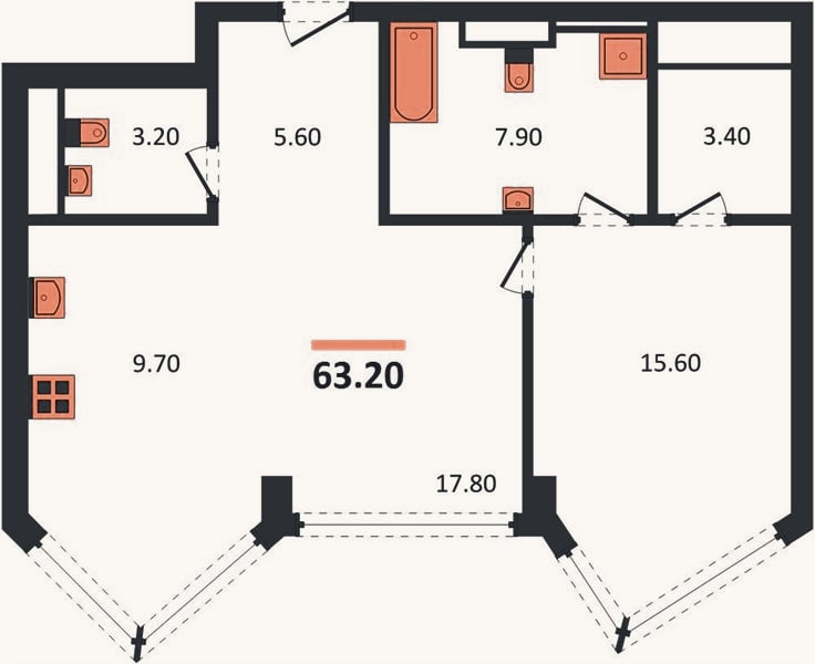 Планировка: 1-к, 63,2 м²