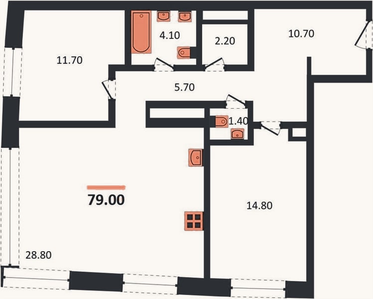 Планировка: 2-к, 79 м²