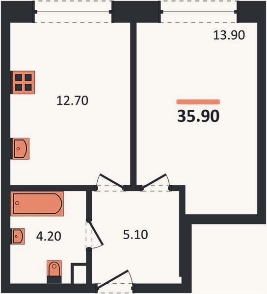 Планировка: 1-к, 35,9 м²