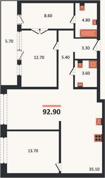Планировка: 2-к, 92,9 м²