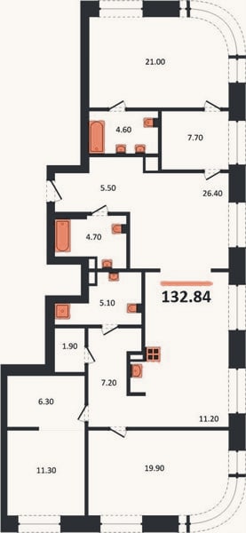 Планировка: 3-к, 132,8 м²
