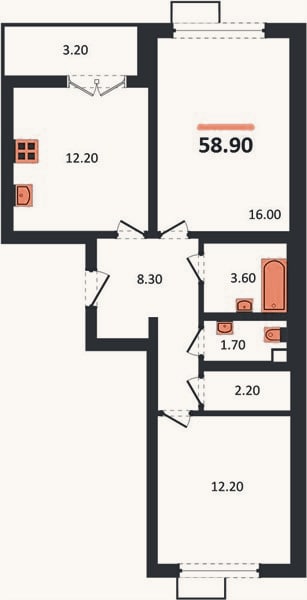 Планировка: 2-к, 58,9 м²