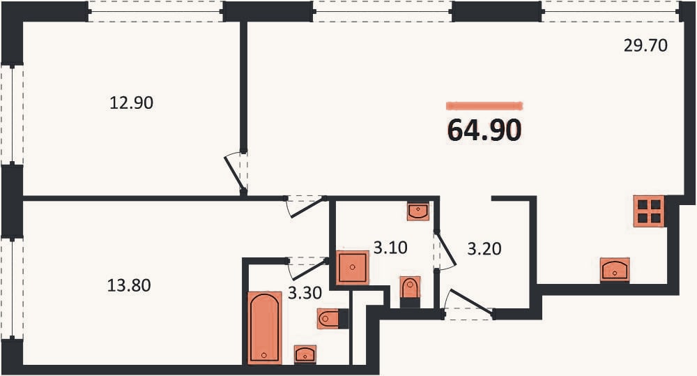 Планировка: 2-к, 64,9 м²