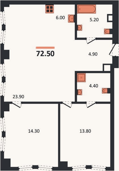 Планировка: 2-к, 72,5 м²