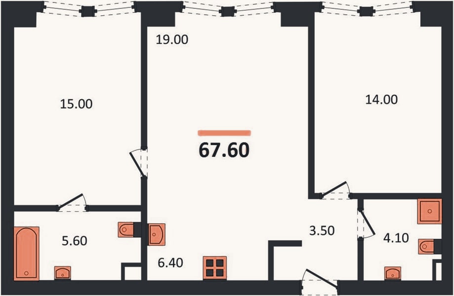 Планировка: 2-к, 67,6 м²