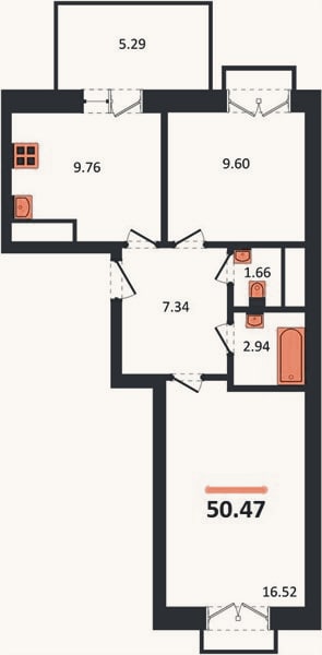 Планировка: 2-к, 50,5 м²