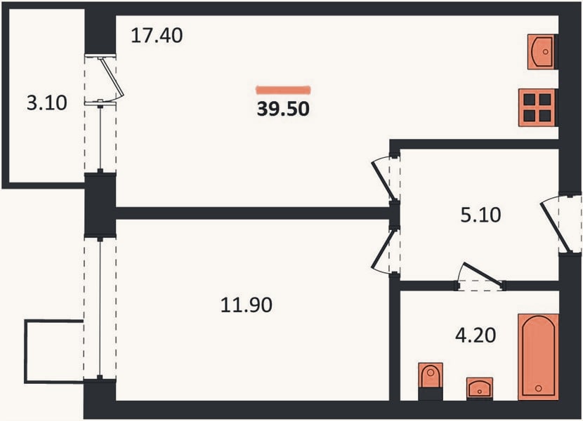 Планировка: 1-к, 39,5 м²