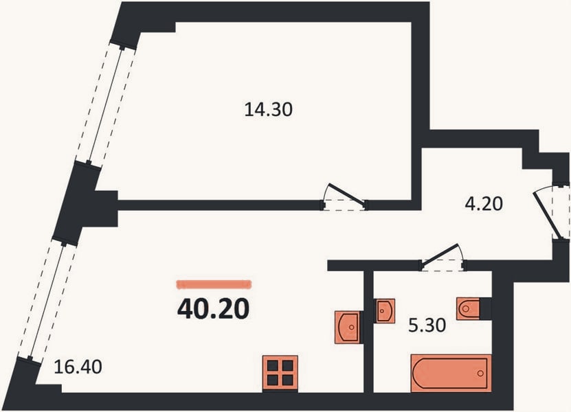 Планировка: 1-к, 40,2 м²